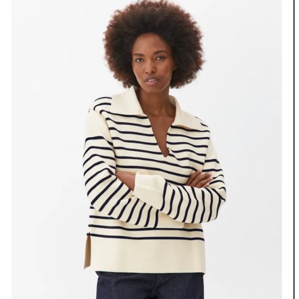 Arket 100% Cotton Cream Black Stripped Relaxed Knit Jumper Sweater Wide Collar M